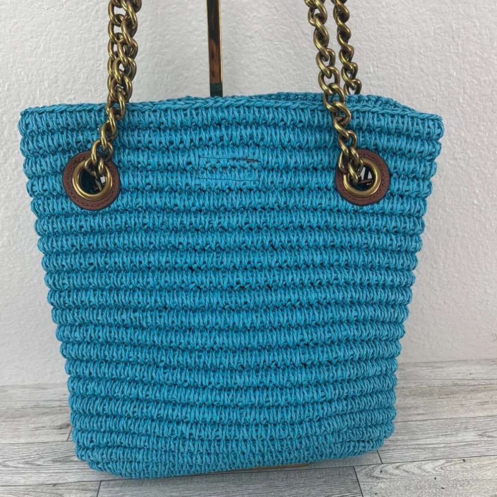 Kurt Geiger Chelsea Blue Raffia Tote Bag with Chain Handles
